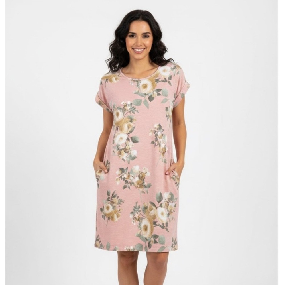 White Birch Pink Floral T Shirt Dress Pockets Size Medium Casual Everyday‎